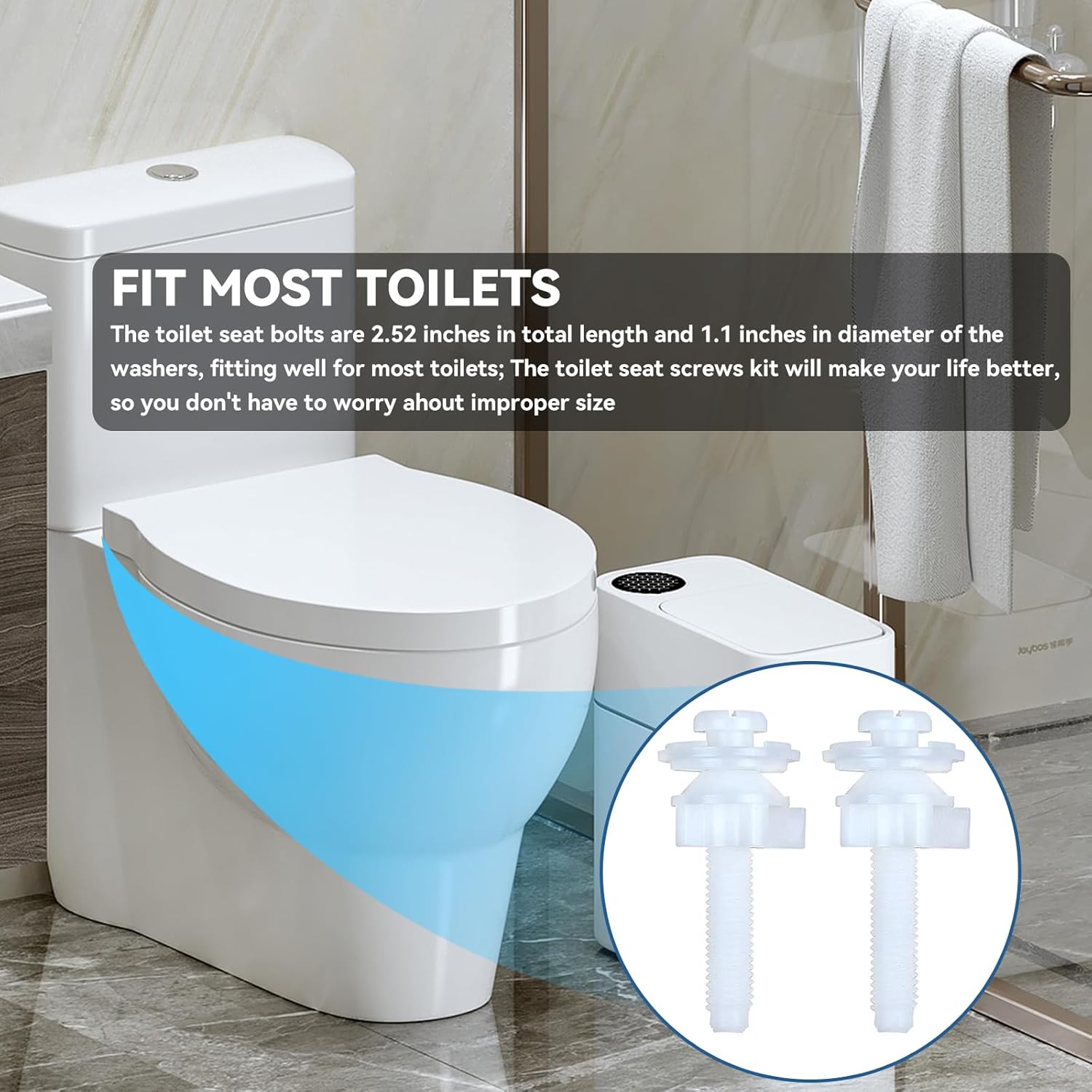 2 Pack Universal Toilet Seat Screws Replacement Kit, Plastic Bolts Toilet Seat Hinge Bolt Screws with Plastic Nuts and Washers Parts Kit, White