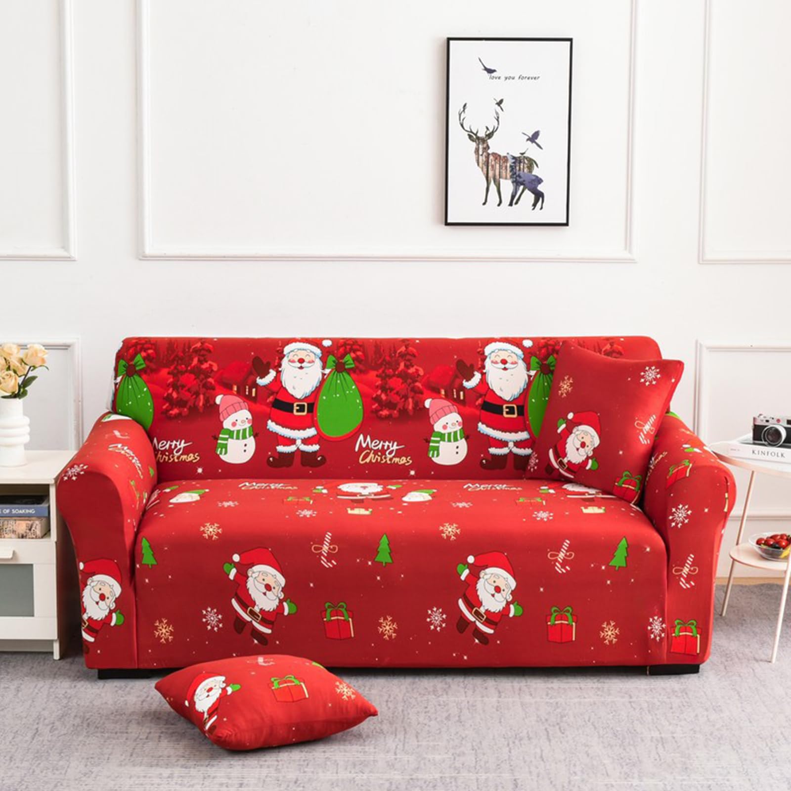 3D Christmas Elastic Sofa Cover Sofa Covers 1-4 Seater, Non-Slip Handles for Sofas, Washable, Anti-Stain, Protector Sofa Cover for Children Pets (3 Seater, Christmas Red)
