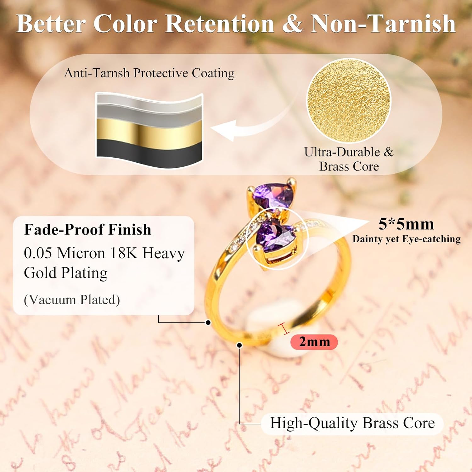 Adjustable Heart Promise Ring, 18K Gold Plated Birthstone Ring for Women Dainty CZ Gemstone Statement Band, Personalized Birthday Jewelry Gift, Adjustable (US Size 5-10) - Image 3