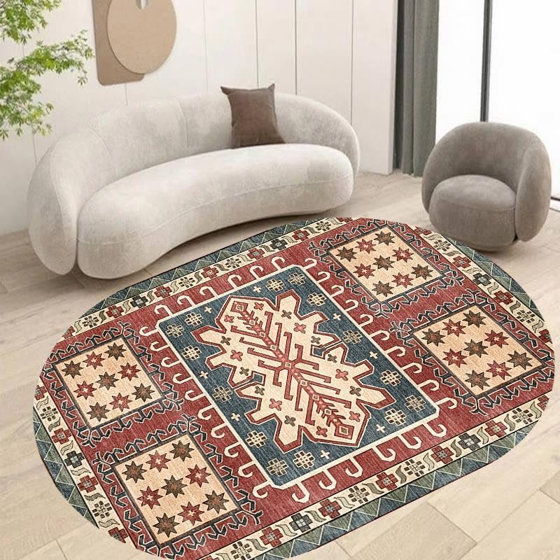 Alfombra ovalada roja con geometría retro moderna para proteger el suelo del comedor con estilo