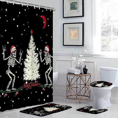Miniatura 5 de 4 Pcs Christmas Decorative Ball Shower Curtain Set with Non-Slip Rugs for Bathroom, Xmas Baubles on Pine Tree Twig Art Print Christmas Holiday