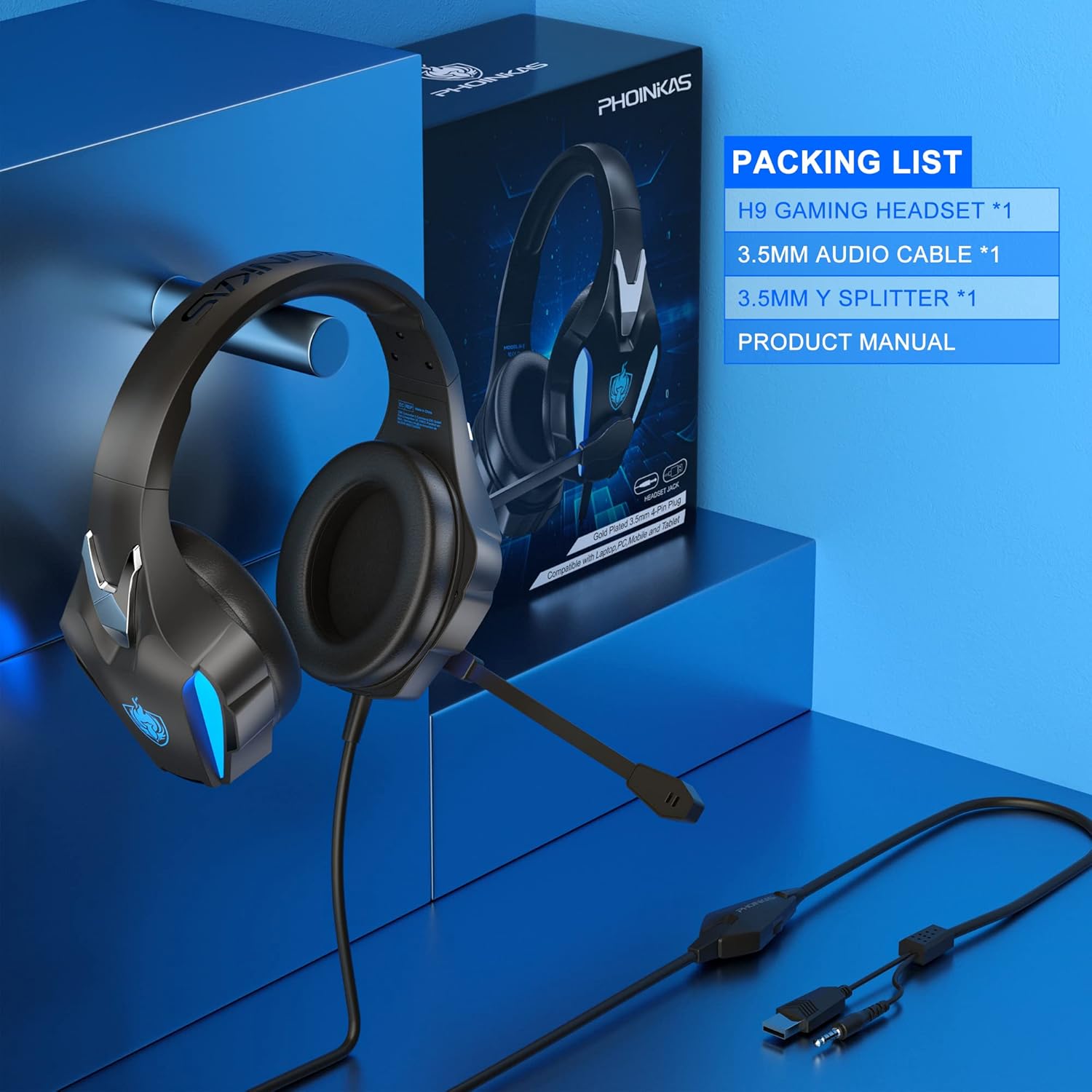 YOTMS PS5 Gaming Headset for PC, PS4, Switch, Mobile, Gaming Headphones with Noise Canceling Mic, Deep Bass Stereo Sound (Blue)