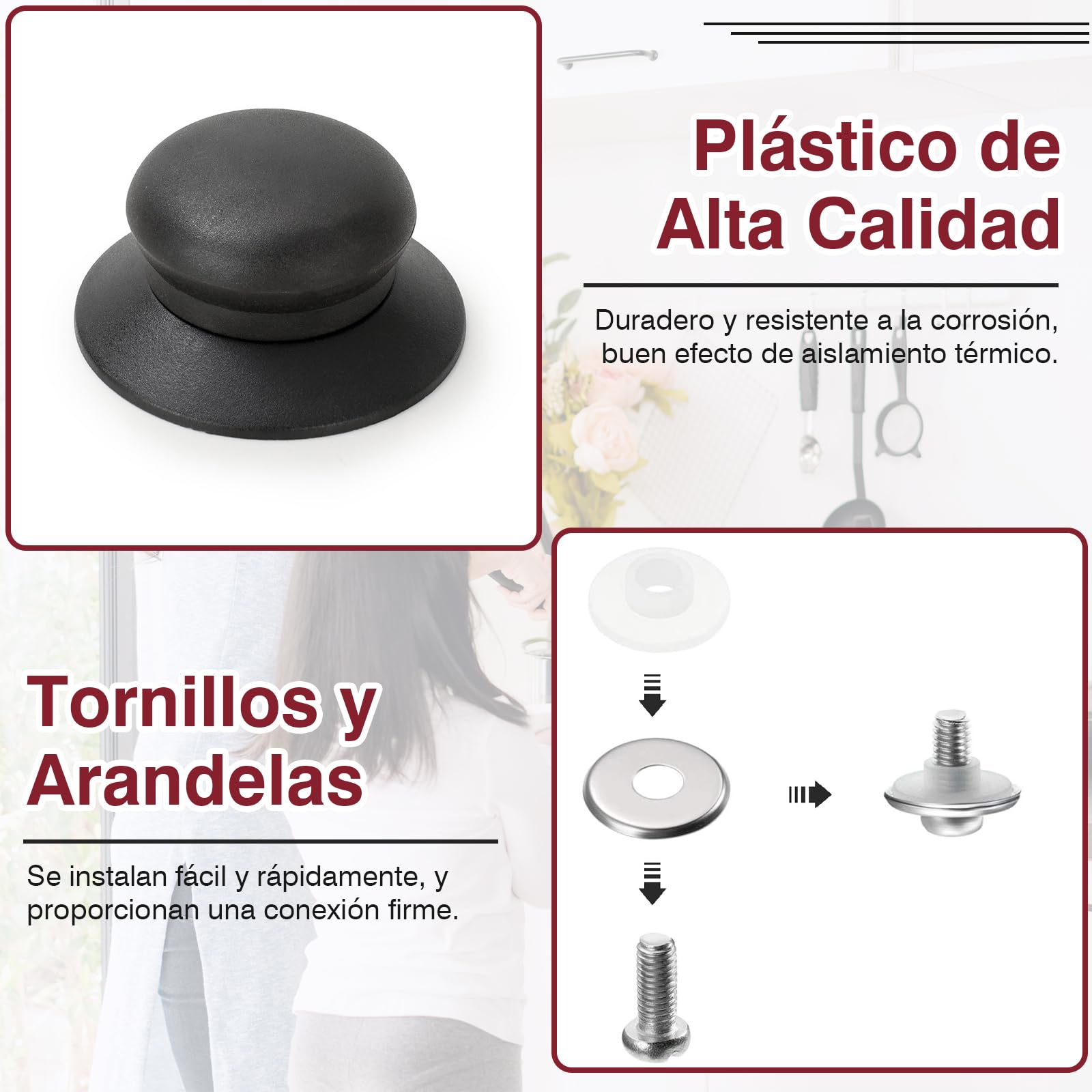 VEGCOO Perilla De La Tapa Pomo Universal para Tapa Asa De La Tapa Mango De La Tapa De La Olla Pomos para Menaje De Cocina Tapas para Ollas Negro