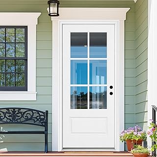 36 x 80 Smooth Fiberglass Entry Door with Brickmould, Vinyl Frame,6 Lite 3/4 View Clear Low-E Glass-Left Hand Inswing-White Primed Knock-Down,Front Door
