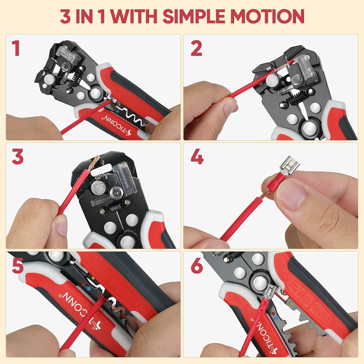 TICONN Automatic Wire Stripper Tool, 3 in 1 Wire Cutters Crimper Pliers Electrician Tools for 24–10 AWG Wire Stripping, Cutting and Crimping (Red) - - 