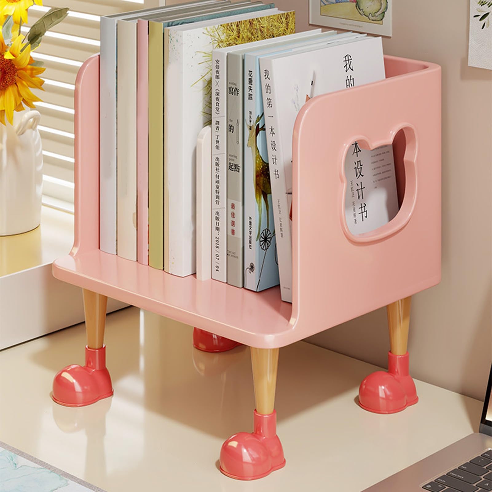 Simpatico fermalibri per scrivania – Mensola porta libri per bambini pastello con multi-scomparto, base anti-ribaltamento e design aperto, decorazione per libri di testo, quaderni e penne