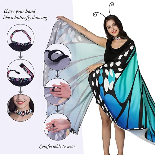 Miniatura 5 de Jeicy Halloween Butterfly Wings Shawl Fairy Lady Cape Nymph Pixie for Women Girls Halloween Costumes with Antenna Headband