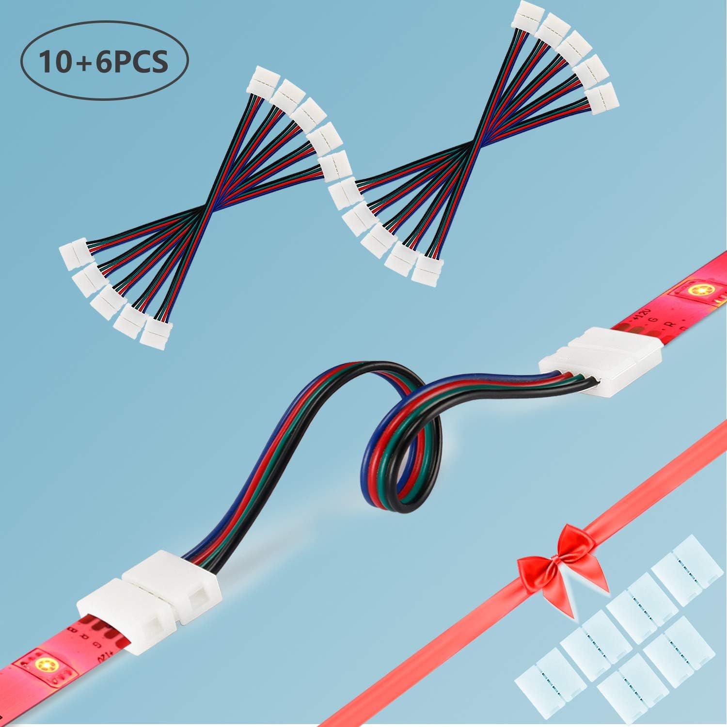 LED Strip Connector, (10+6) PCS 10mm-Wide 4 Pin 5050 RGB LED Solderless Strip Light Connectors, Flexible LED Strip Light Connector - 17cm/6.7in Long Strip Jumper Wire (10+6PCS)