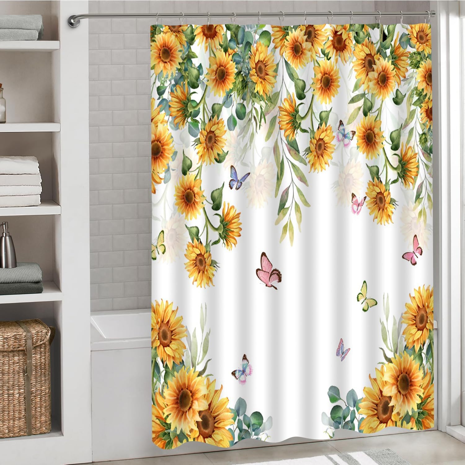 Fall Sunflower Shower Curtain Autumn Thanksgiving Harvest Day Rustic Floral Yellow Flower Butterfly Farmhouse Green Leaves Country Fabric Bath Decor Set with Hooks 70Wx70H Inch