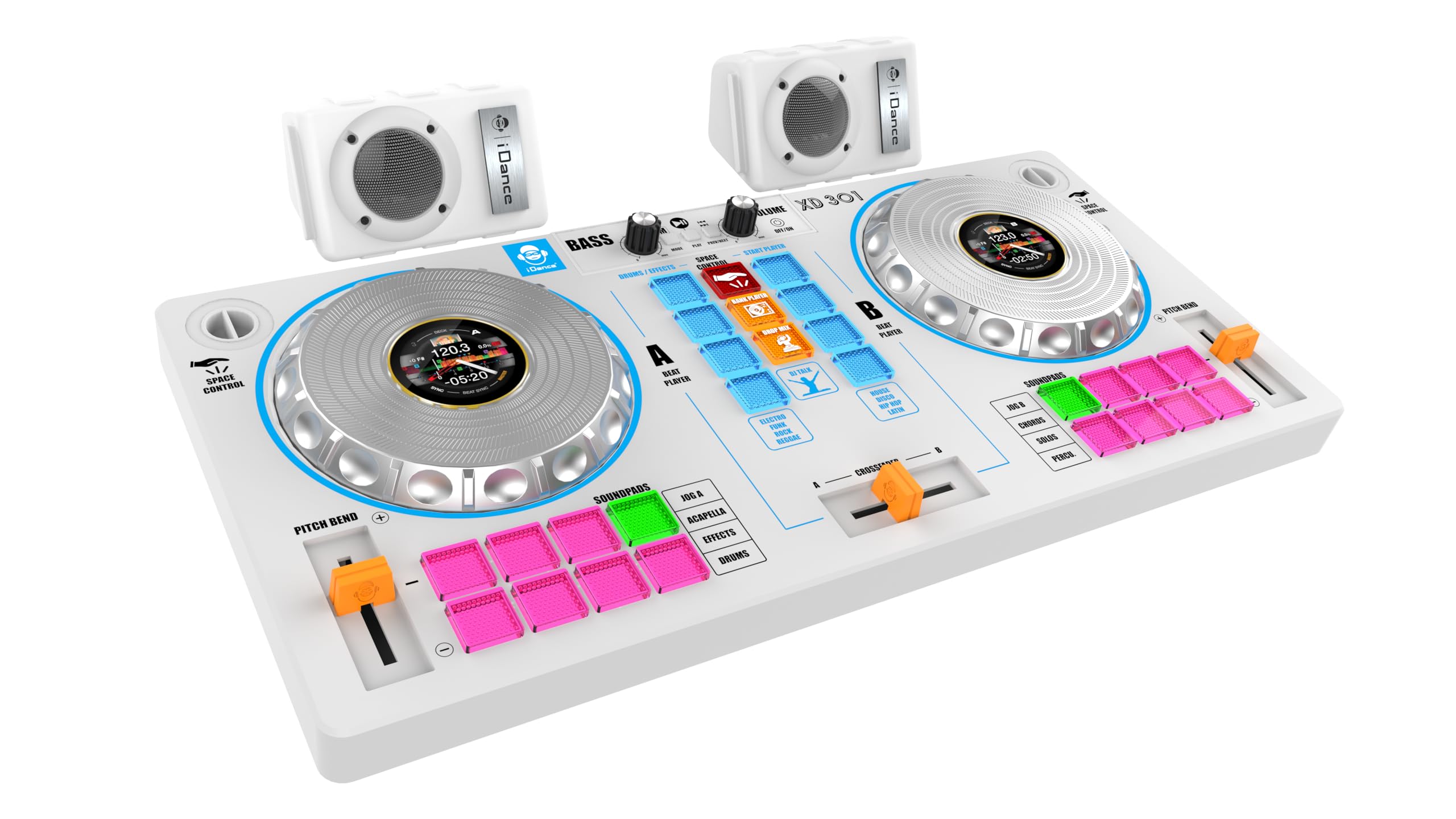 iDance XD301 Contrôleur DJ Blanc – Station DJ 14-en-1 avec Batterie, Mixeur Audio, Platines, Enceintes & Bluetooth