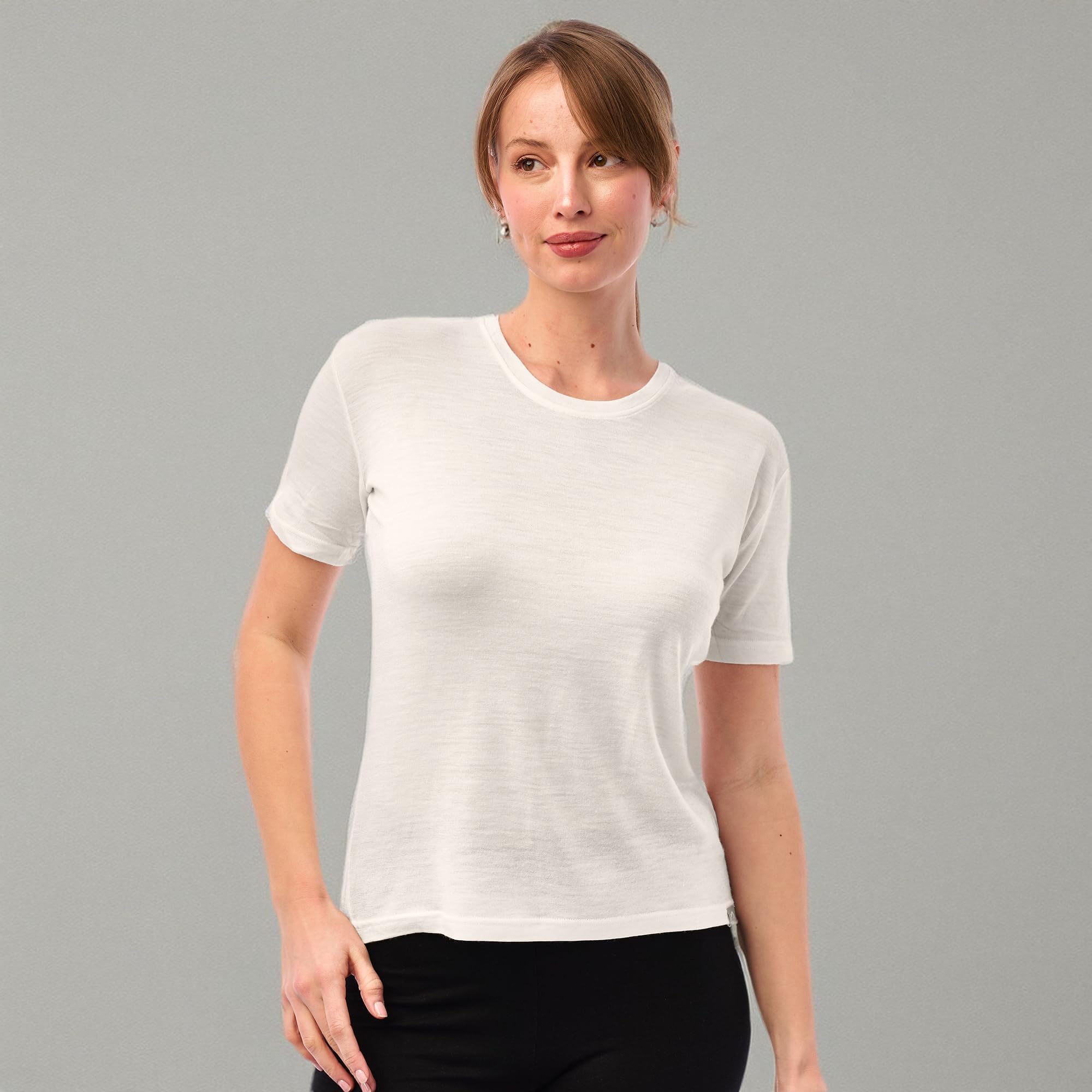 Merino.tech Damen Leicht Basisschicht (L, White Off Crewneck)