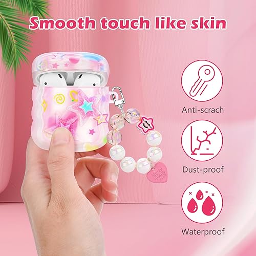 Miniatura 5 de Bonita funda para AirPods con colgante de amor, llavero de cuentas redondas coloridas, diseño de estrellas 3D con purpurina, funda protectora suave