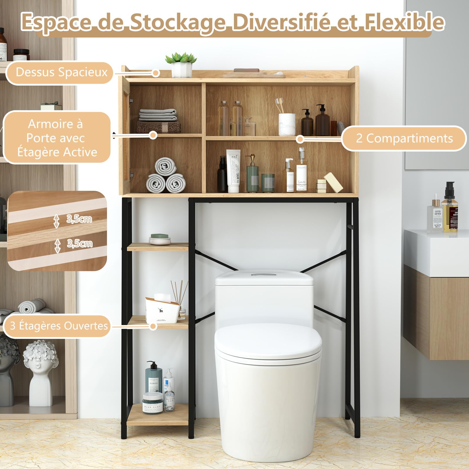 COSTWAY Armoire de Rangement Au-Dessus des Toilettes, Organisateur de Salle de Bain, Meuble WC Porte en Rotin PE, Etagères de Rangement Ouvertes et Réglables, pour Buanderie, Salle de Bain