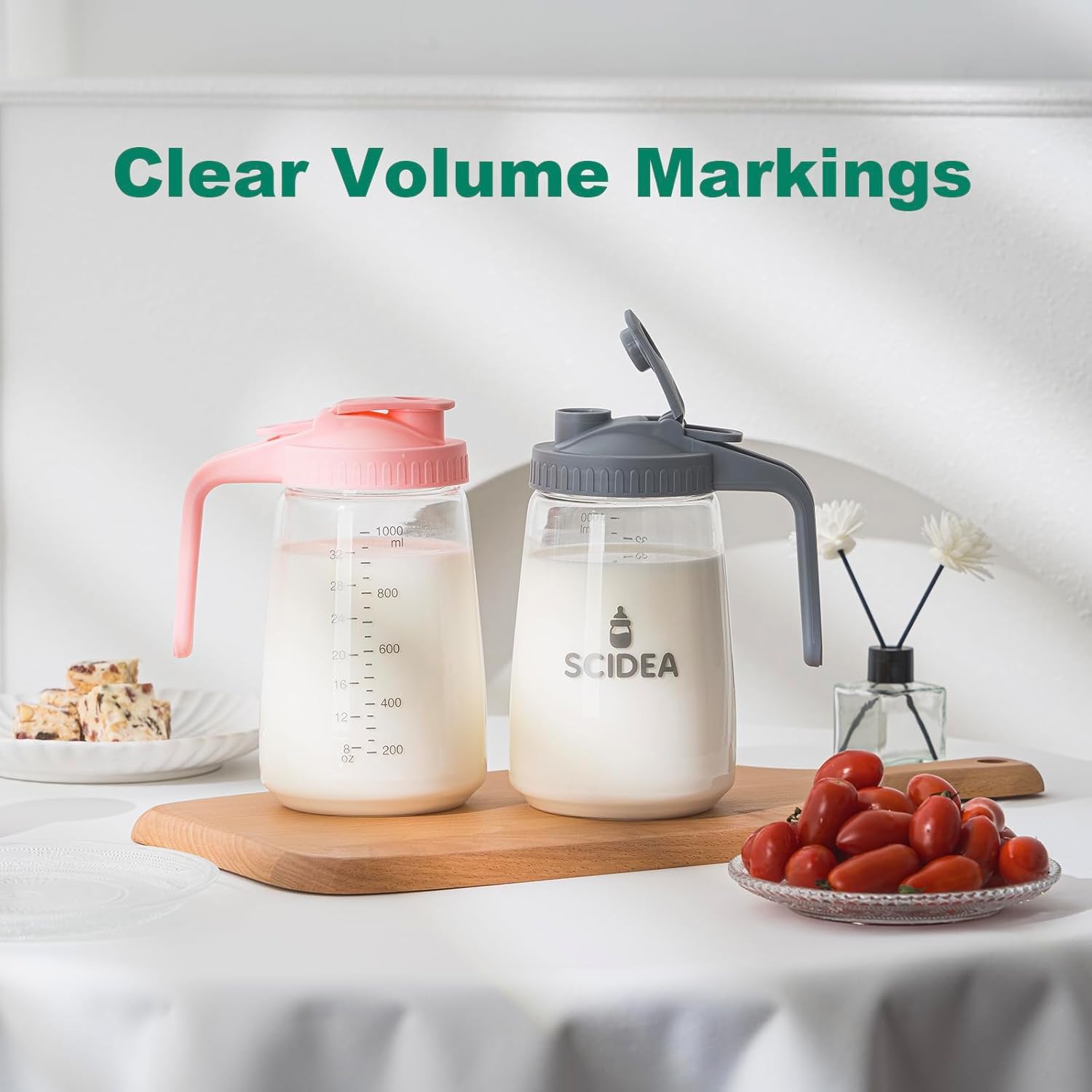 32oz Glass Pitcher with Lid, Heat & Cold Resistant, Leak-Proof Wide-Mouth Milk Fridge Storage Container, High borosilicate glass, Mason jar for Coffee, Iced tea, Milk, Food Storage – Green - Image 5