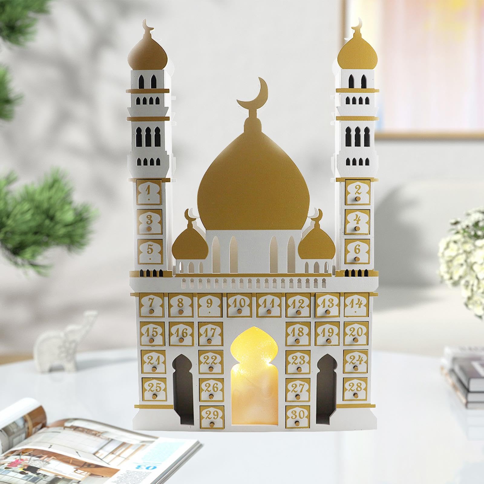 Holz LED Beleuchtung Eid Mubarak Adventskalender Dekoration mit Schubladen für Wohnzimmer Fest Büro Geschenk, Weiß
