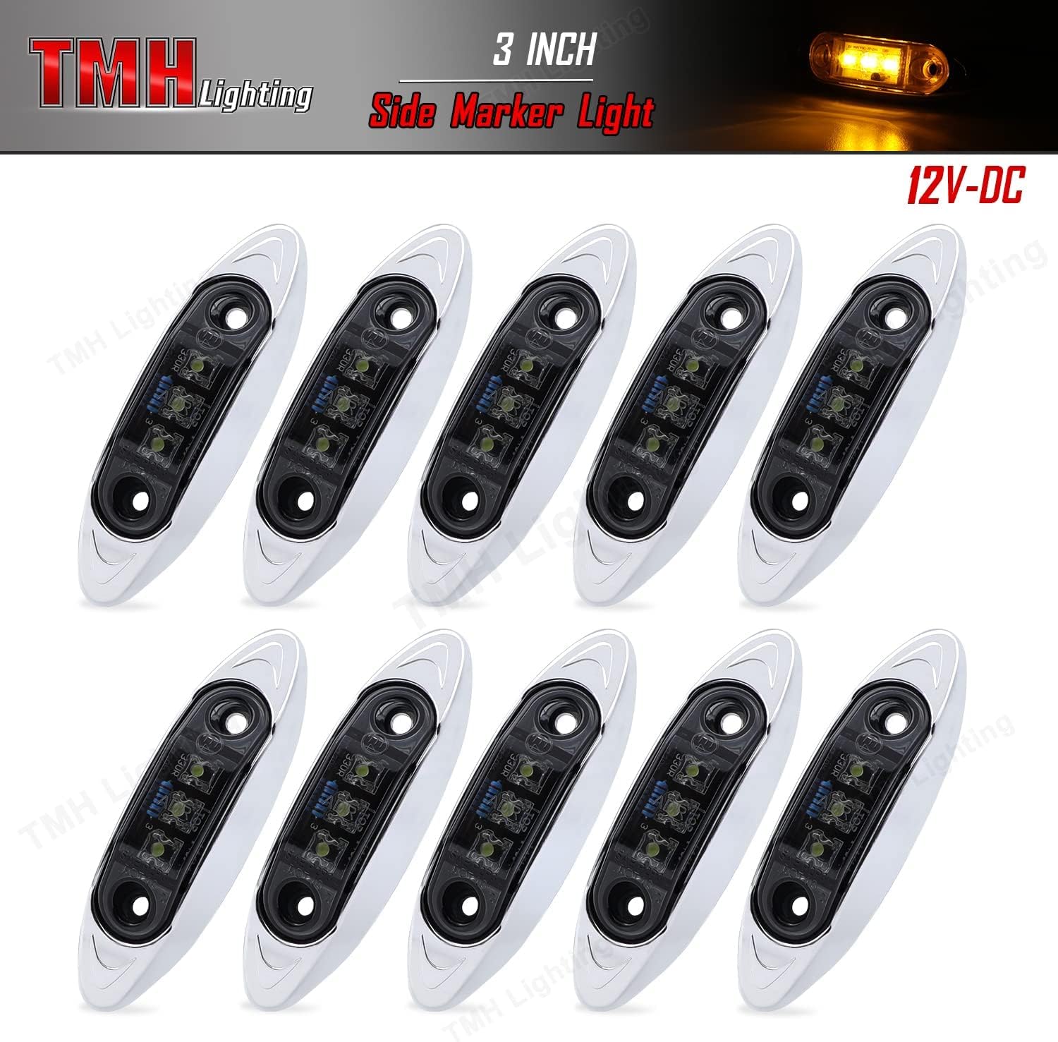 10 Pcs TMH Mini Side Led Marker (QR Model) Smoked Lens Amber Light + Chrome Bezel, Universal LED Clearance Markers Truck Trailer Boat ATV Marine Marker lights, side marker lights