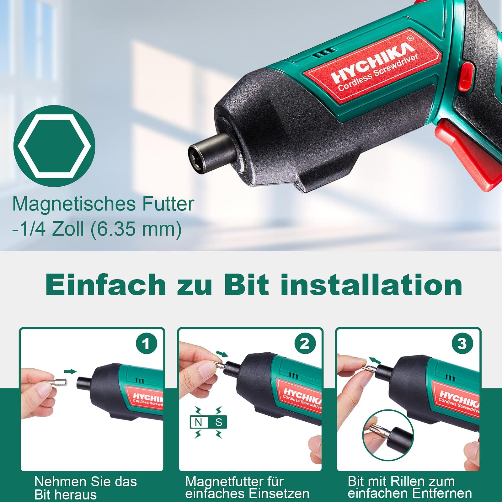 HYCHIKA Akkuschrauber, Cordless Screwdriver 6N·m Drehmoment und 2000mAh Akku 3,6V mit 20 Zubehörteilen, LED Licht, Magnetfutter für Schrauben