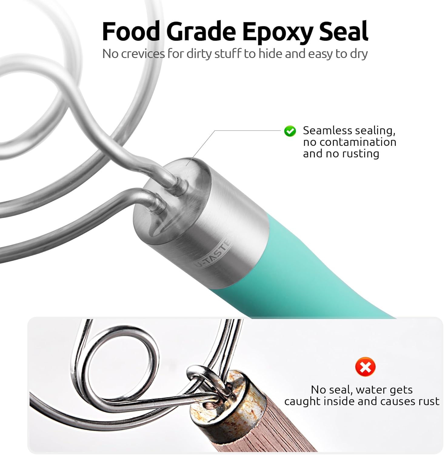 U-Taste 12.6in Danish Dough Whisk: 18/8 Stainless Steel Heavy-Duty Sourdough Mixer Tool, Food Grade Dutch Style Seamless Bread Wisk, Sturdy for Mixing, Stirring, Kneading Thick Batter (Aqua Sky) - Image 4