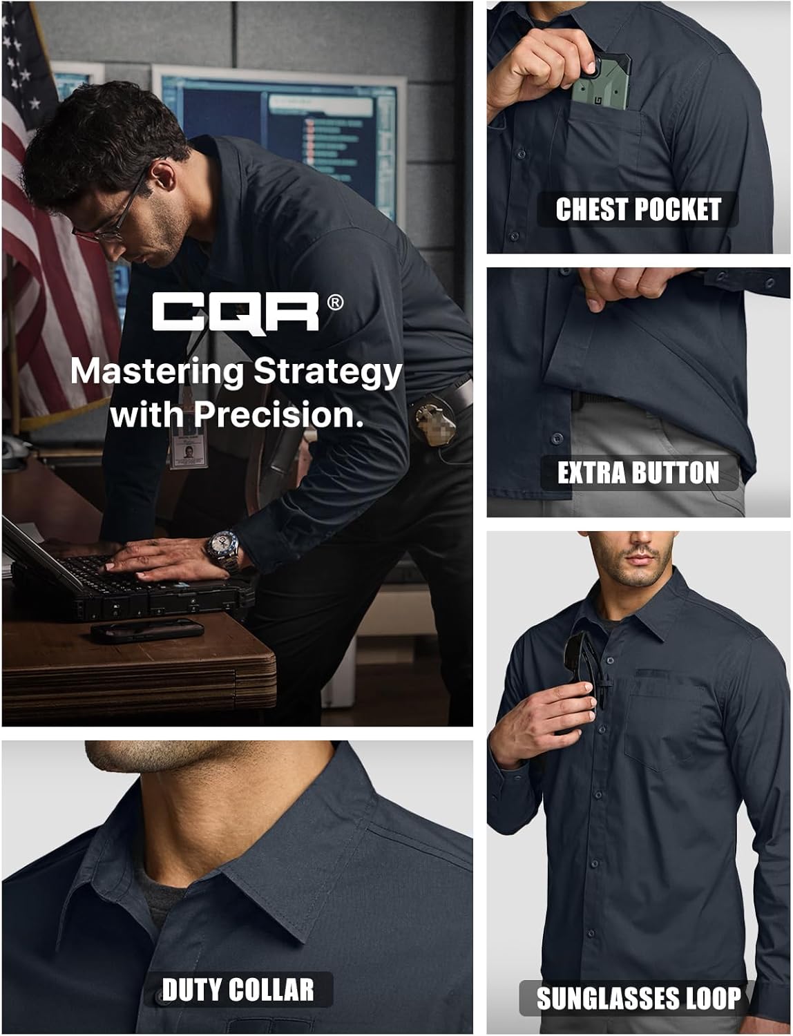 CQR Men's Long Sleeve Tactical Shirts, Ripstop Military Work Shirts, UPF 50+ Breathable Button Down Outdoor Hiking Shirt - Image 7