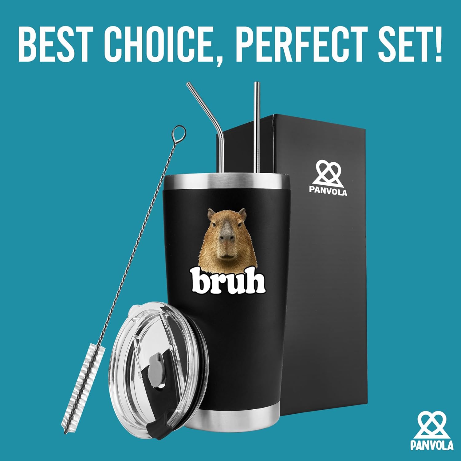 Panvola Capybara Bruh Capybara Animal Lover Gifts Pet Owner For Dad Mom Brother Sister Funny Vacuum Insulated Stainless Steel Tumbler With Removable Lid And Straw 20 oz Black - Image 8