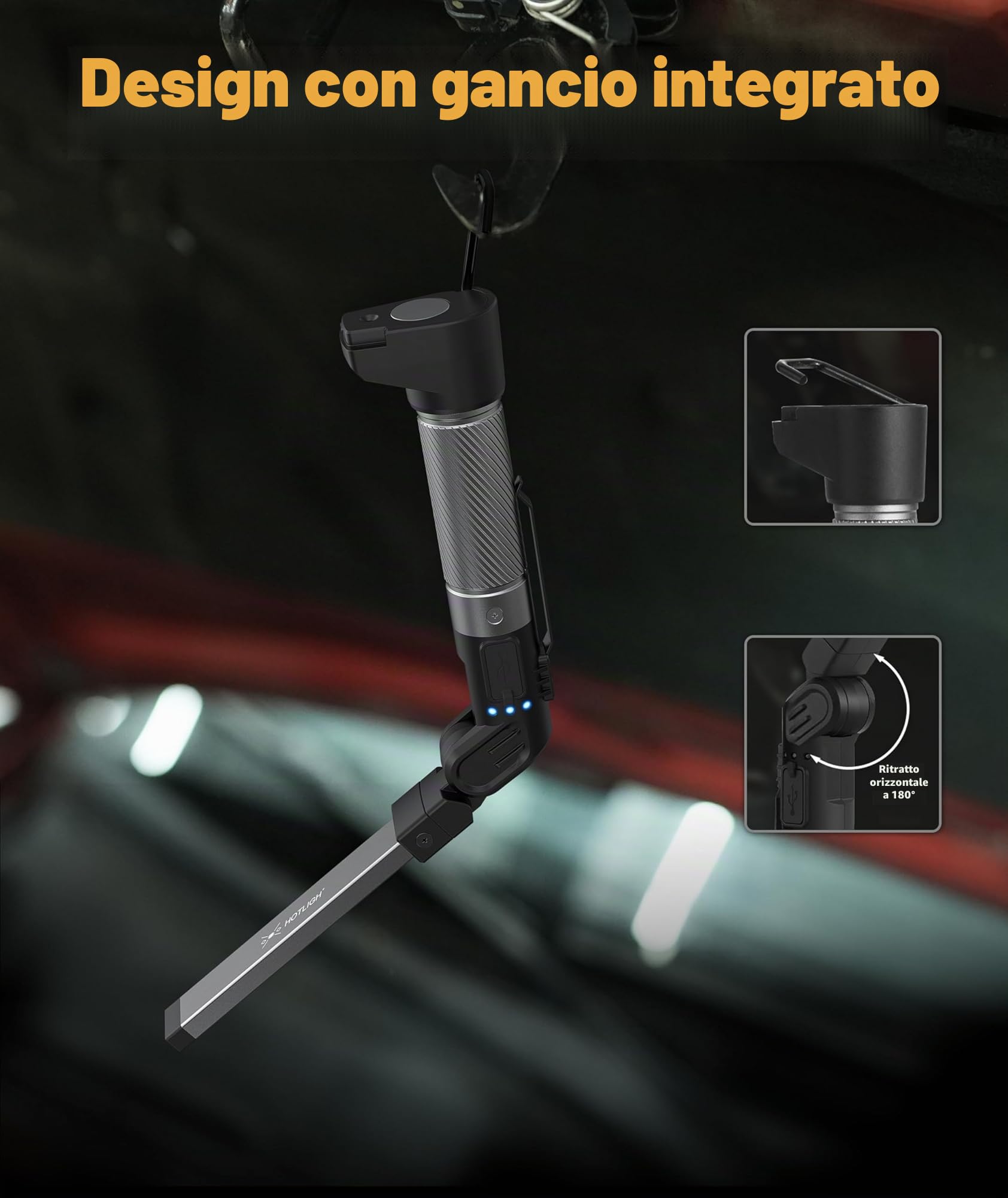 HOTLIGH lampada da lavoro - 800 lumen torcia led ricaricabile con design pieghevole multifunzionale, 2200 mAh lampada officina, 3 modalità di illuminazione luce led ricaricabile, 1 confezione