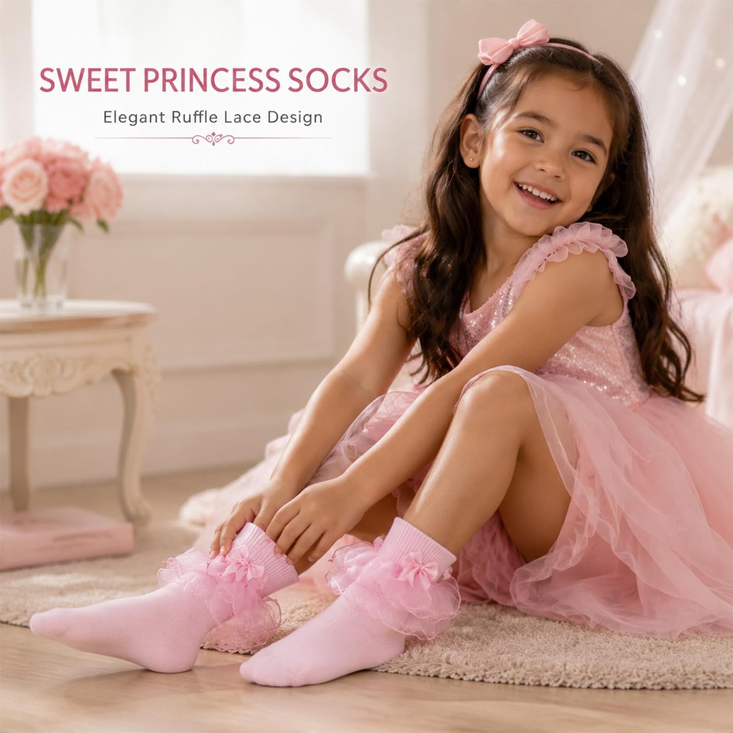 Girls Ruffle Socks with Bows,Lace Frilly Church Dress Socks 1-10Y