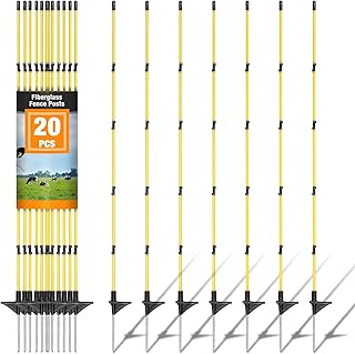 48 Inch / 4 Ft Fiberglass Step-in Electric Fence Posts – 5 Clips, Holds Wire, Poly Tape, and Poly Rope, Livestock Control | Lightweight, Anti-Rotation