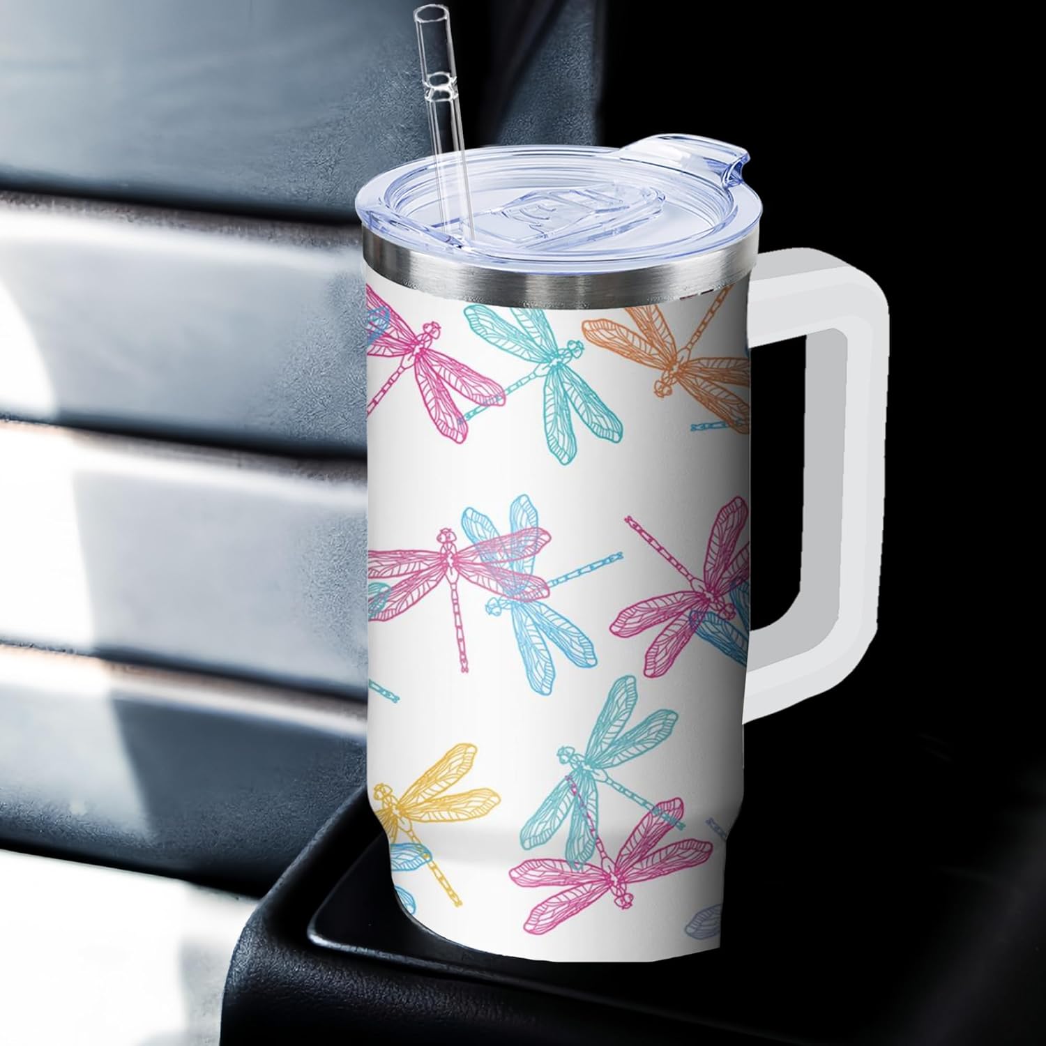 30 oz Dragonfly Tumbler with Handle and Straw, Insulated Stainless Steel Cup with Lid, Travel Coffee Mug Water Bottle, Gifts for Woman Animal Lovers - Image 5