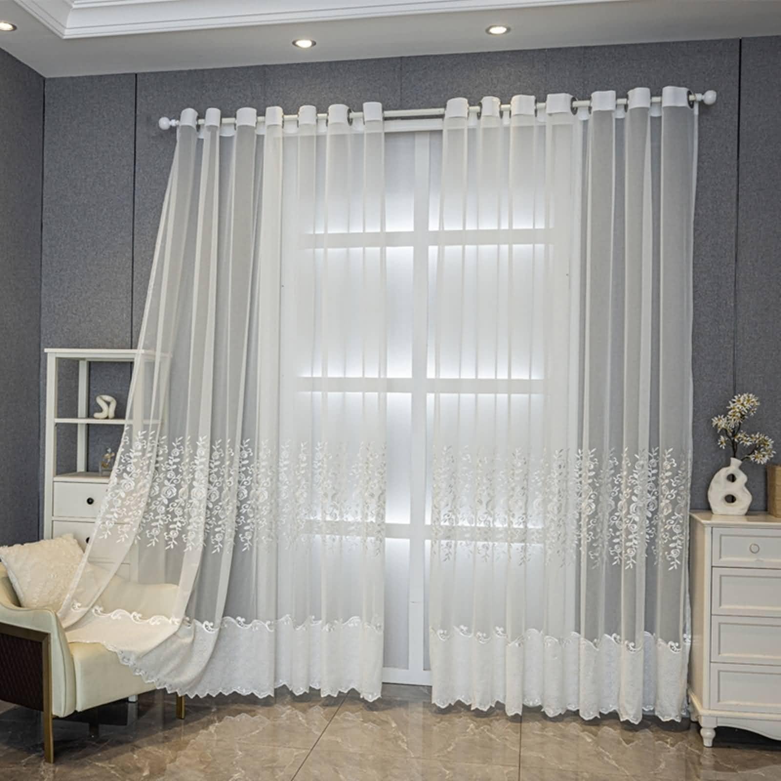 Rideau voilage 132x274 cm lot de 2 en dentelle rose brodée pour grand salon