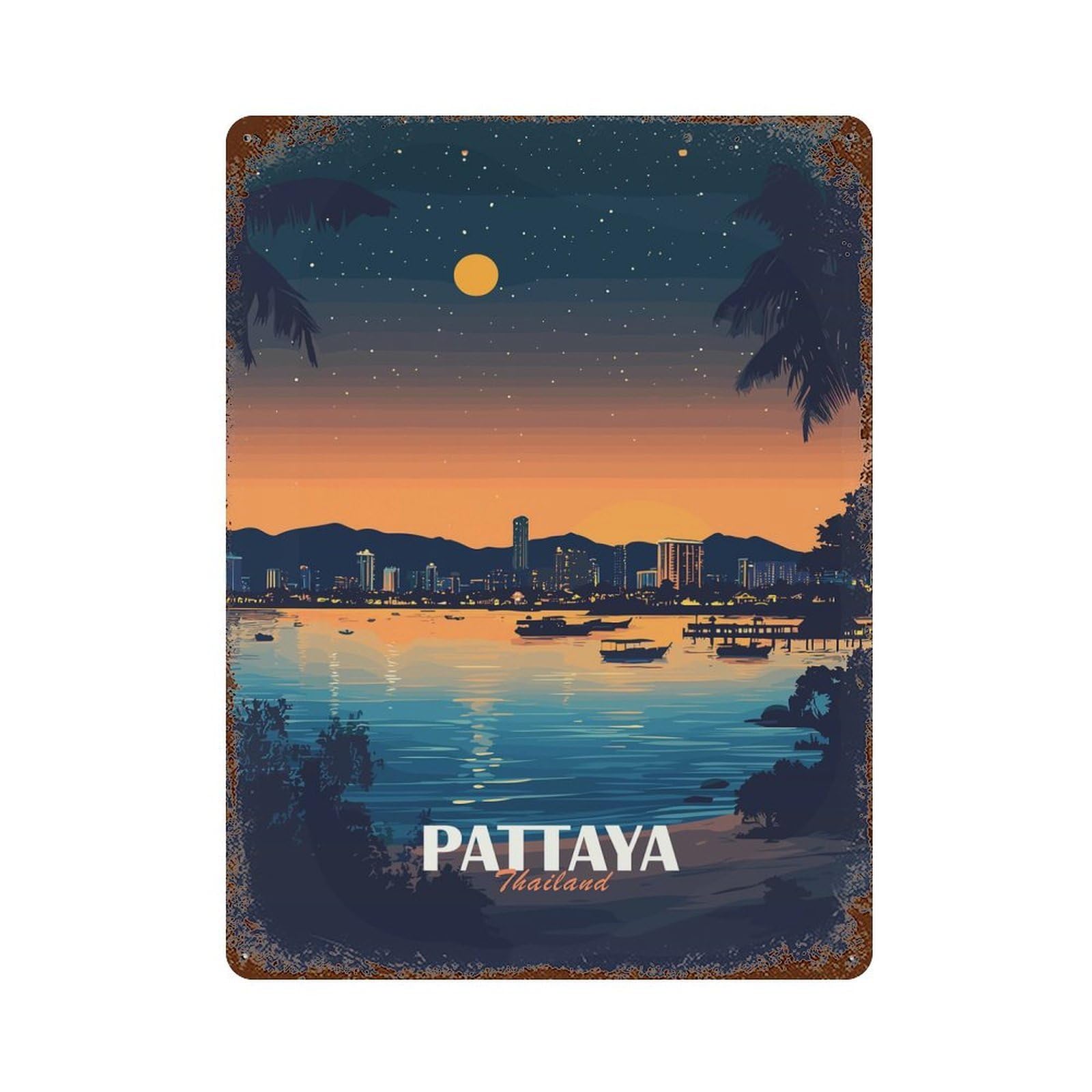 Pattaya Thailand Cityscape at Night Decorative Tin Sign 15.7"x11.8", Farmhouse Wall Decor for Living Room, Hallway And Home Decor