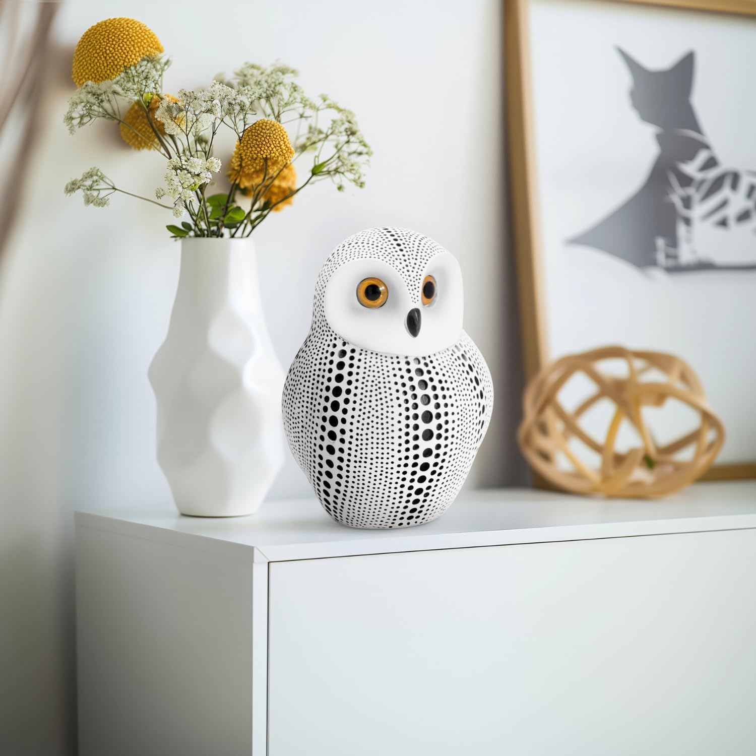 Torre & Tagus 6" Dotted White Owl Decor - Burrowing Owl Statue with Black Dots for Home Decor, Cute Bird Figurine as Tabletop Sculpture on Book Shelf, TV Console, Fireplace or Wedding Gift (Debossed)