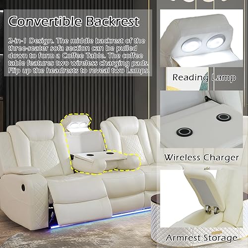 Miniatura 3 de Juego de sofá modular reclinable eléctrico para sala de estar, juego de sofá reclinable de cuero con luces LED / almacenamiento oculto, sofá en