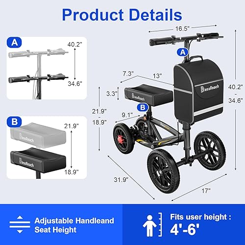 Miniatura 2 de Patinete de rodilla plegable todo terreno - Andador de rodilla económico para lesiones en los pies, alternativa compacta a las muletas - Negro