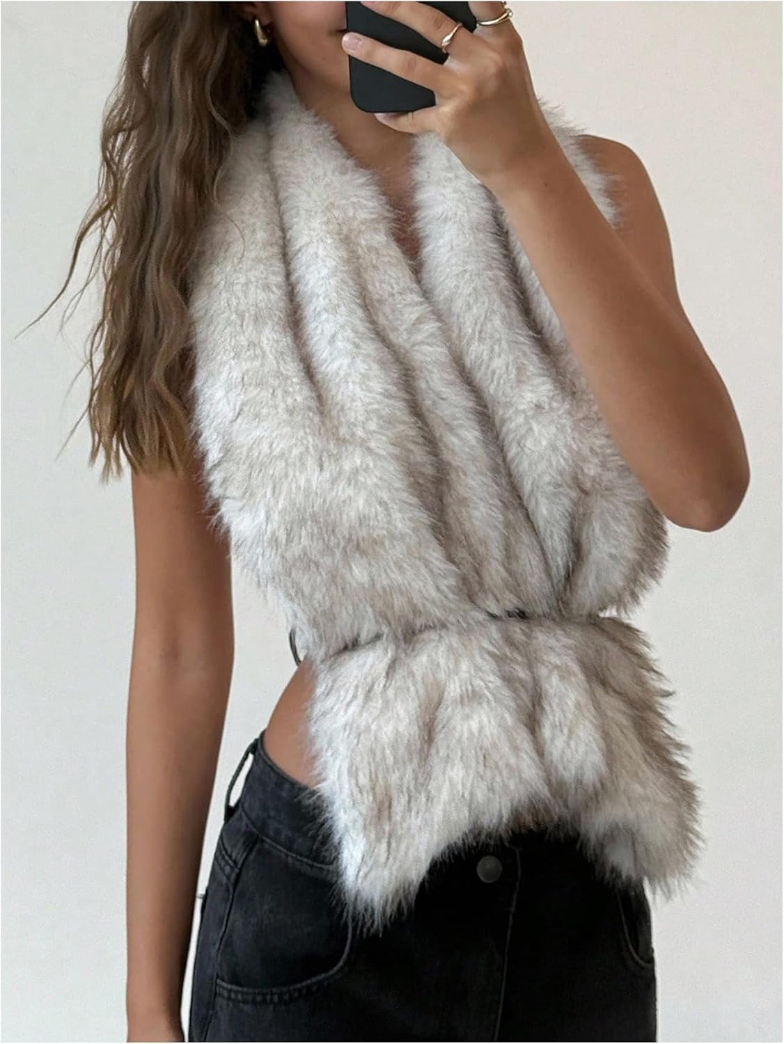 MakeMeChic Women's Faux Fur Vest Jacket Sleeveless Tie Open Back Fuzzy Y2K Coat Outerwear - Image 3
