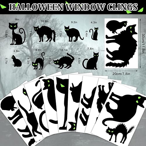 Miniatura 4 de Whaline 9 hojas de Halloween con diseño de gato negro para ventana, silueta espeluznante, calcomanías decorativas de ventana de doble cara,
