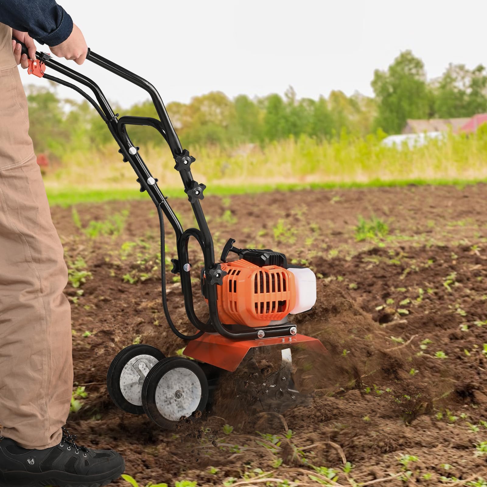 VEVOR Motocultor Térmico con Motor de Gasolina de 43 CC de 2 Tiempos con 4 Púas Delanteras Ajustables de Acero Ruedas Grandes Fácil Instalación Cultivador de Tierra para Huerta, Jardinera, Campos