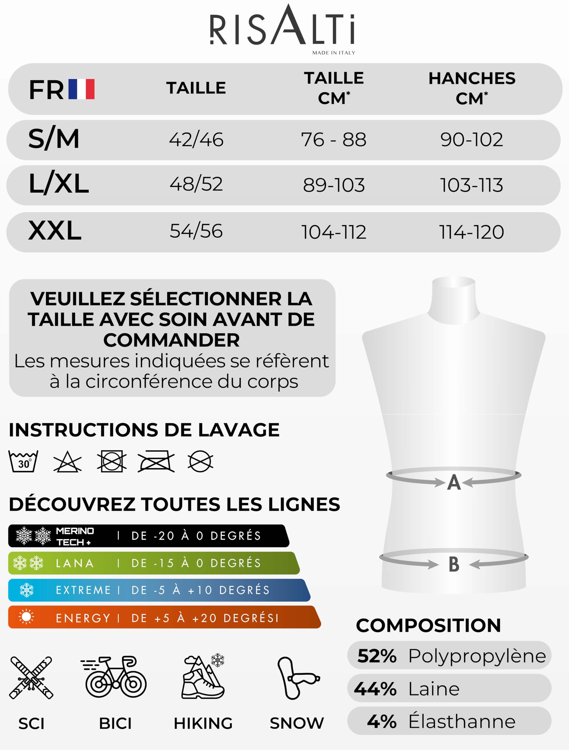 Risalti Collant thermique homme Merino Tech – Pantalon thermique pour homme à compression en laine mérinos, collants pour homme, sous-vêtements thermiques pour homme d'hiver – sans couture – Fabriqué