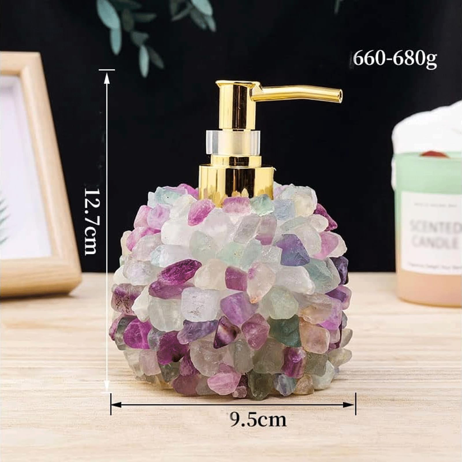Yofab Dispenser di sapone da banco Dispenser di sapone con cristalli di fluorite grezza con pompa in acciaio inossidabile Dispenser di sapone liquido ricaricabile Dispenser di sapone per le mani
