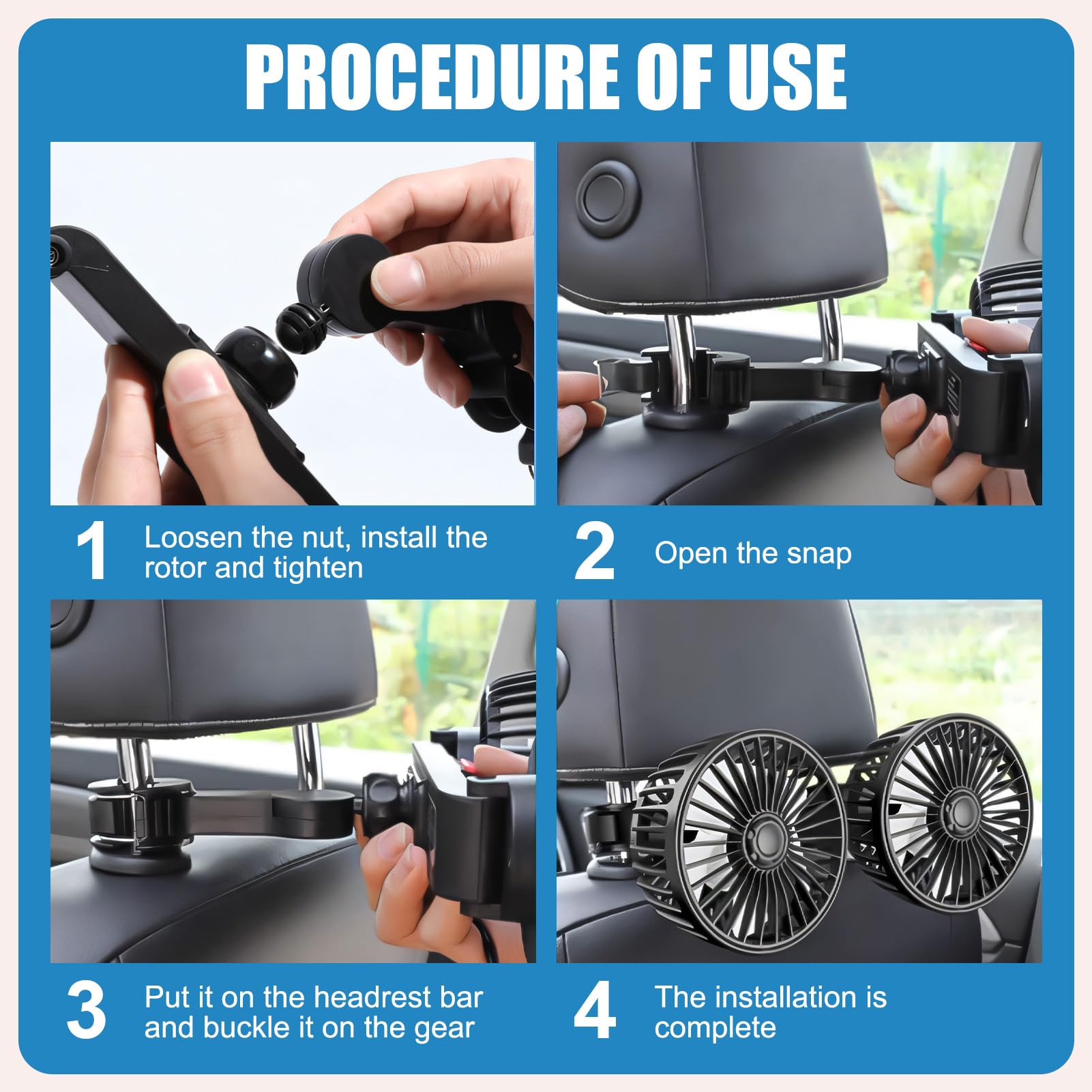 Ventilateur de siège arrière de voiture rotatif à 360 °, ventilateur de voiture USB, 3 vitesses réglables, puissant et silencieux, mini ventilateur pour la maison, le bureau, 12 V, camion, caravane
