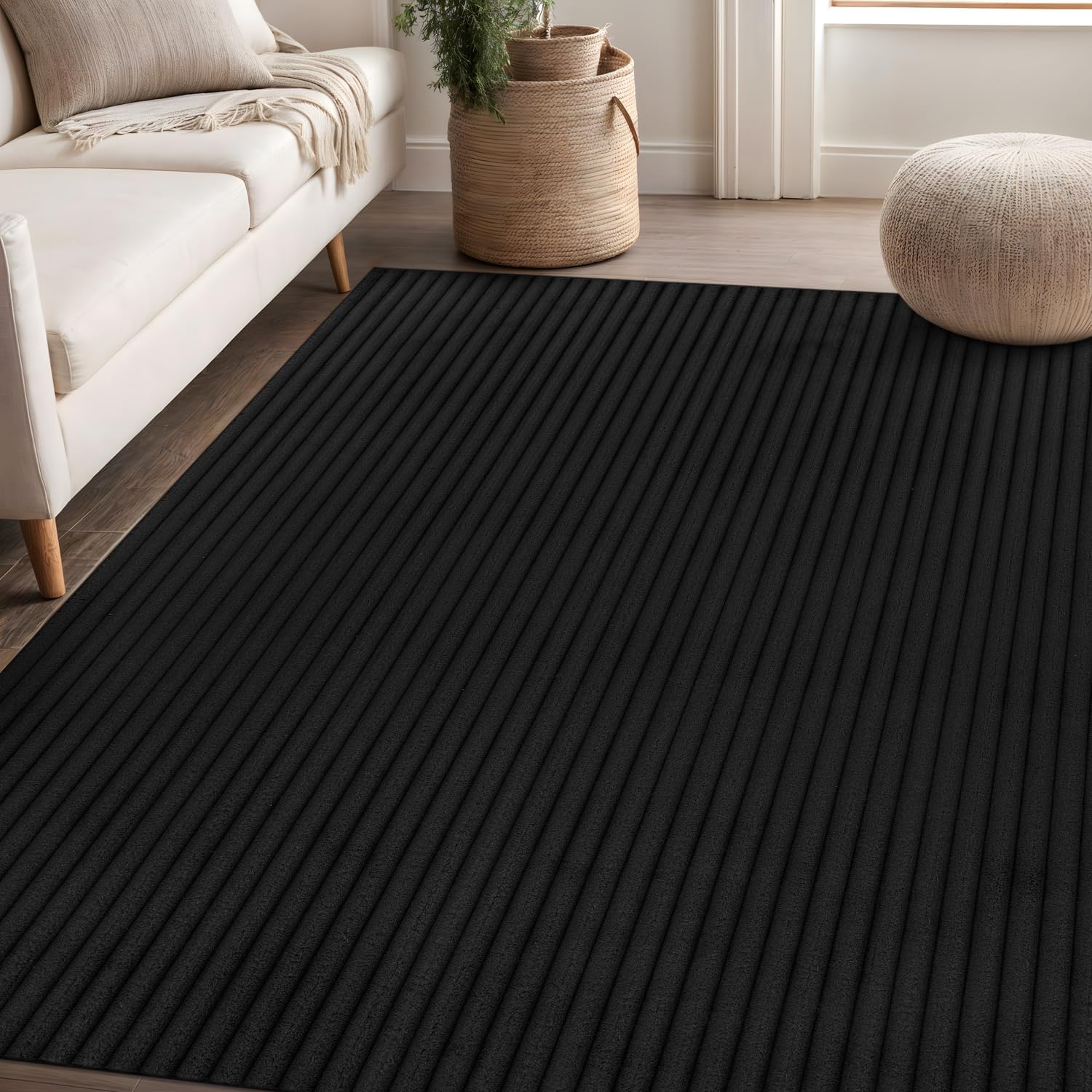 Beverly Rug Fluffy Area Rug 4 x 6 Modern Durable Ultra Soft Plush Ribbed Indoor Rugs for Living Dining Room Office Non Slip Stain Resistant Non Shedding Casual Easy Shag Indoor Carpet Black 4x6