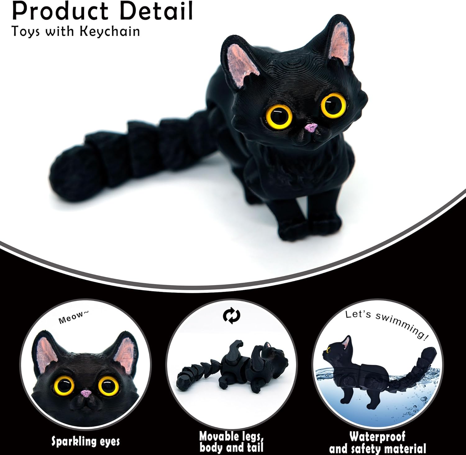 3D Printed Cat with Big Eye, 3-d Cats Inside Accessories Flexible Fidget Smooth Gift Black