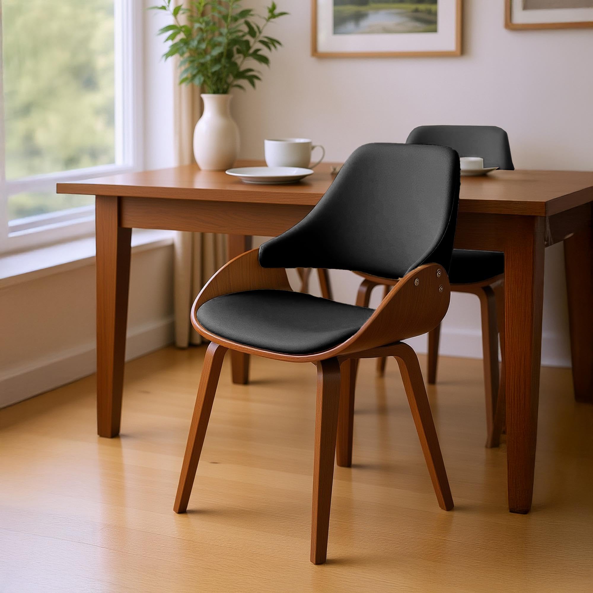 CLP Sedie da Pranzo Set 2 Vangale, con braccioli e Schienale, Imbottite, Struttura in Legno Curvo Effetto Noce, Colore:Noce/Nero, Materiale:Ecopelle