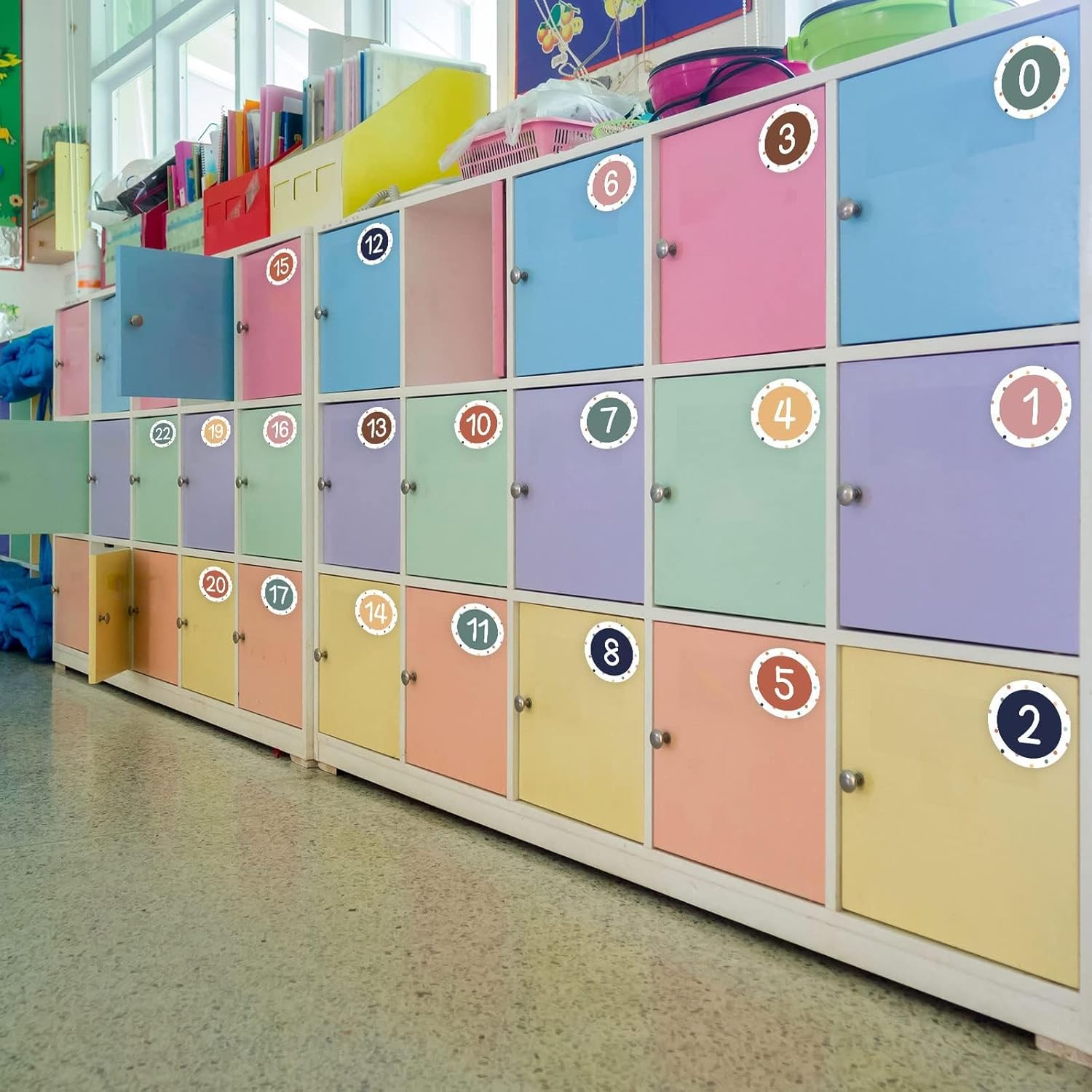 48PCS Boho Numbers Stickers Classroom Decorations Colorful Mini Dots Number Spot Markers Stickers Boho Classroom Labels Accents Cutouts for Preschool Kindergarten Elementary School Floor Decoration