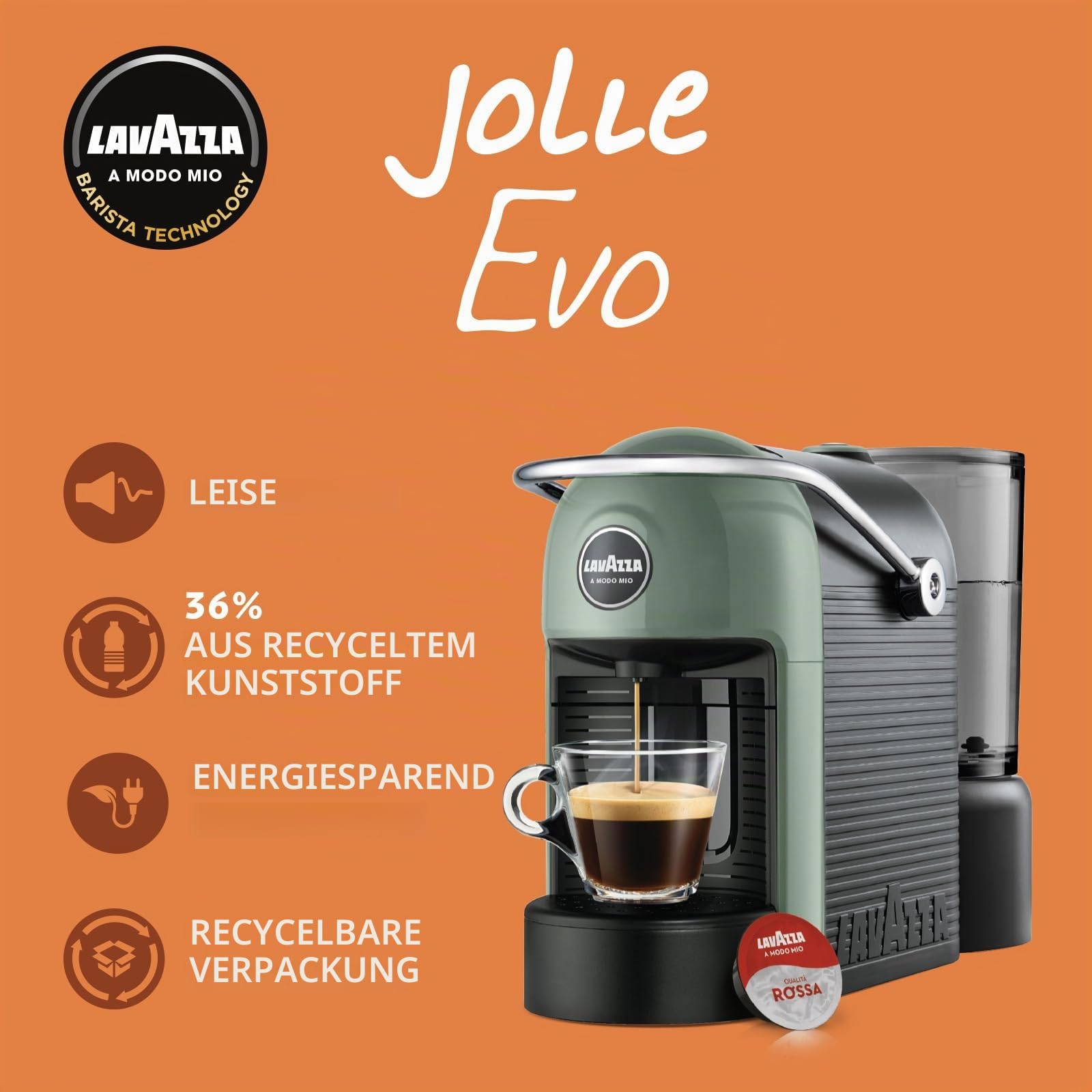 Lavazza, A Modo Mio Jolie Evo, Kaffeemaschine aus 36% recyceltem Kunststoff, Espressomaschine mit 64 Kapseln Lavazza, A Modo Mio Crema und klassischem Geschmack inklusive, Grün