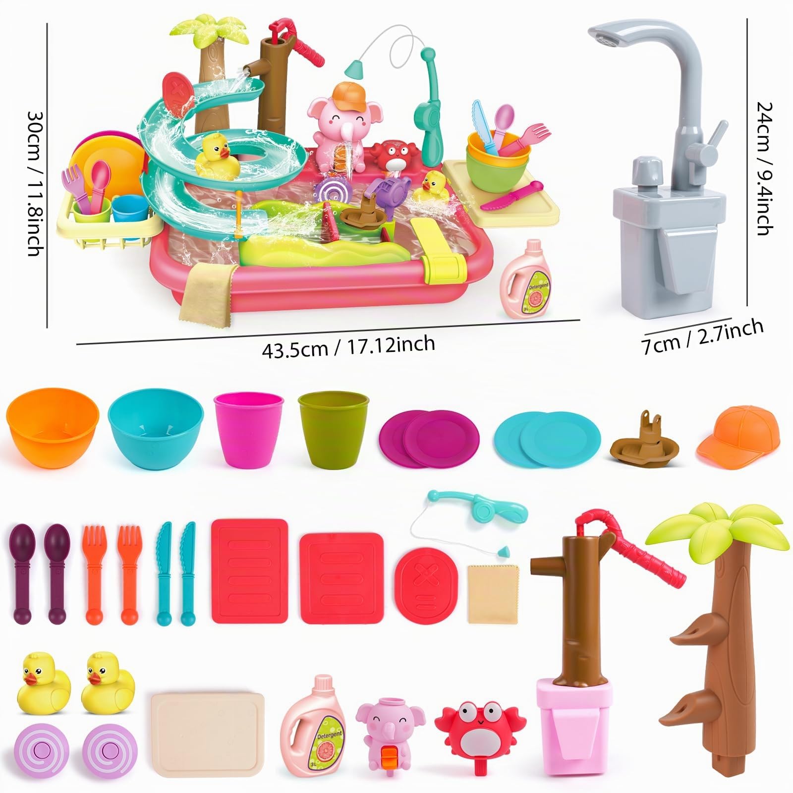 VATOS Évier de jeu avec eau courante, robinet électrique et manuel 2 en 1, jouet d'évier de cuisine, toboggan de canard, table à eau d'été, ensemble de lave-vaisselle pour enfants pour garçons et