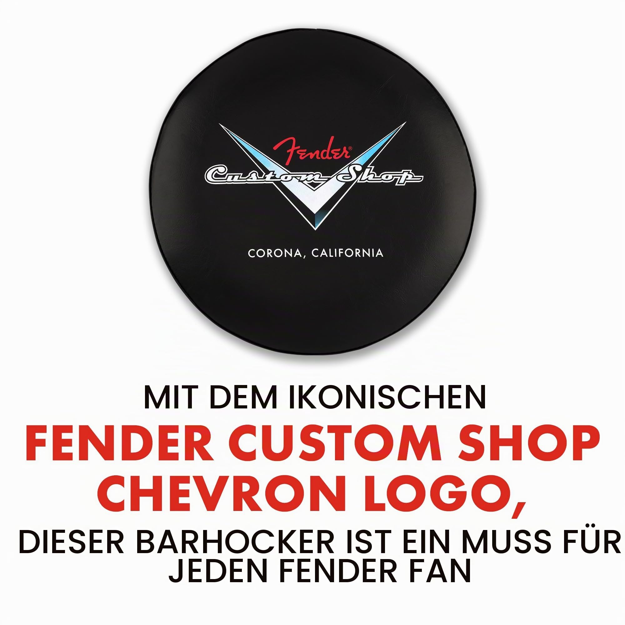 Fender Custom Shop Chevron Logo Barhocker, 76 cm, Schaumstoff-gepolstert, Schwarz und Chrom, Geschenk für Gitarrenfans