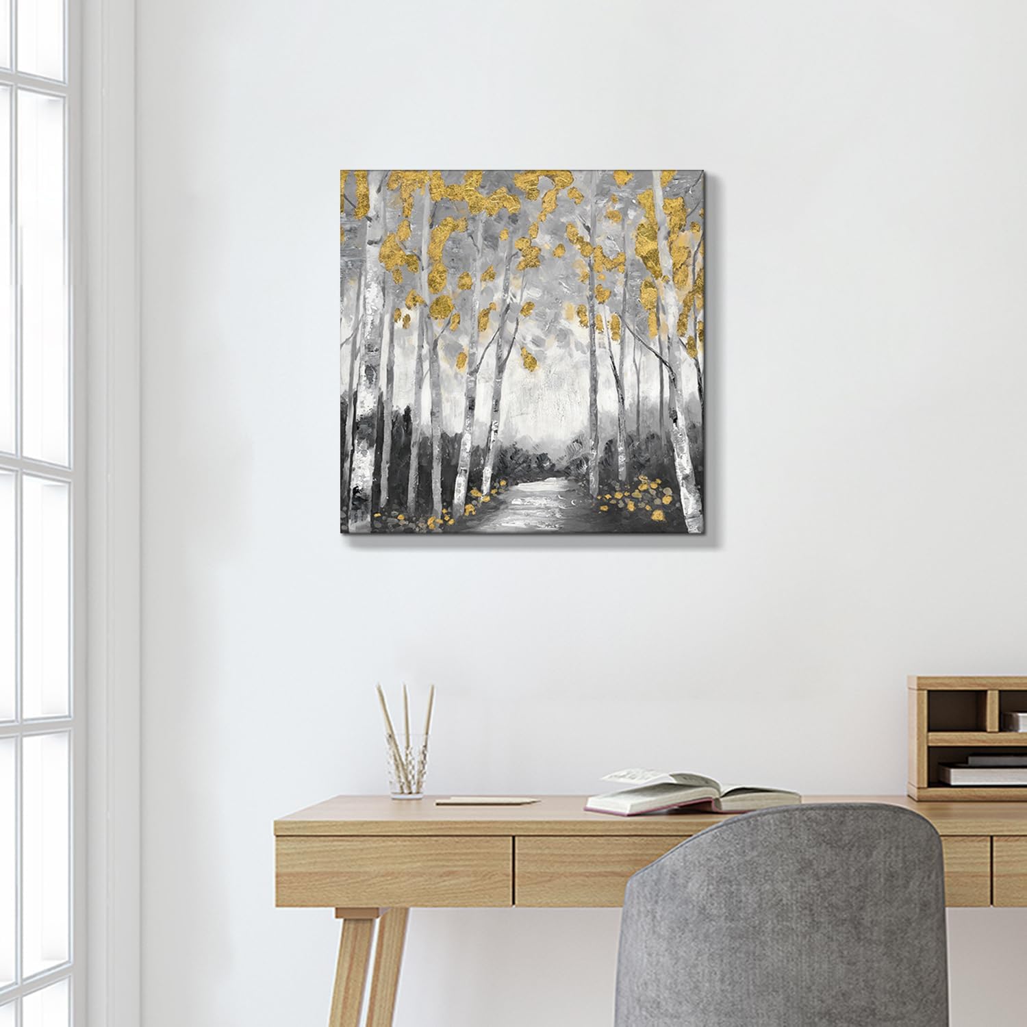 Tree Canvas Wall Art Picture: Forest Landscape Artwork Decor Birch Trees Woodland Painting Abstract Nature Wilderness Scenic Print for Bedroom Living Room Bathroom 24 x 24 Inches