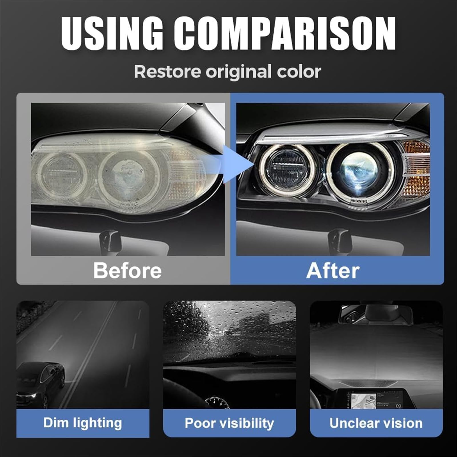 Restauración de Faros Q4, Kit de líquido de restauración de Faros automotrices, líquido de reparación de Faros de automóvil, Revestimiento hidrofóbico Mejorado Que restaura (3set)