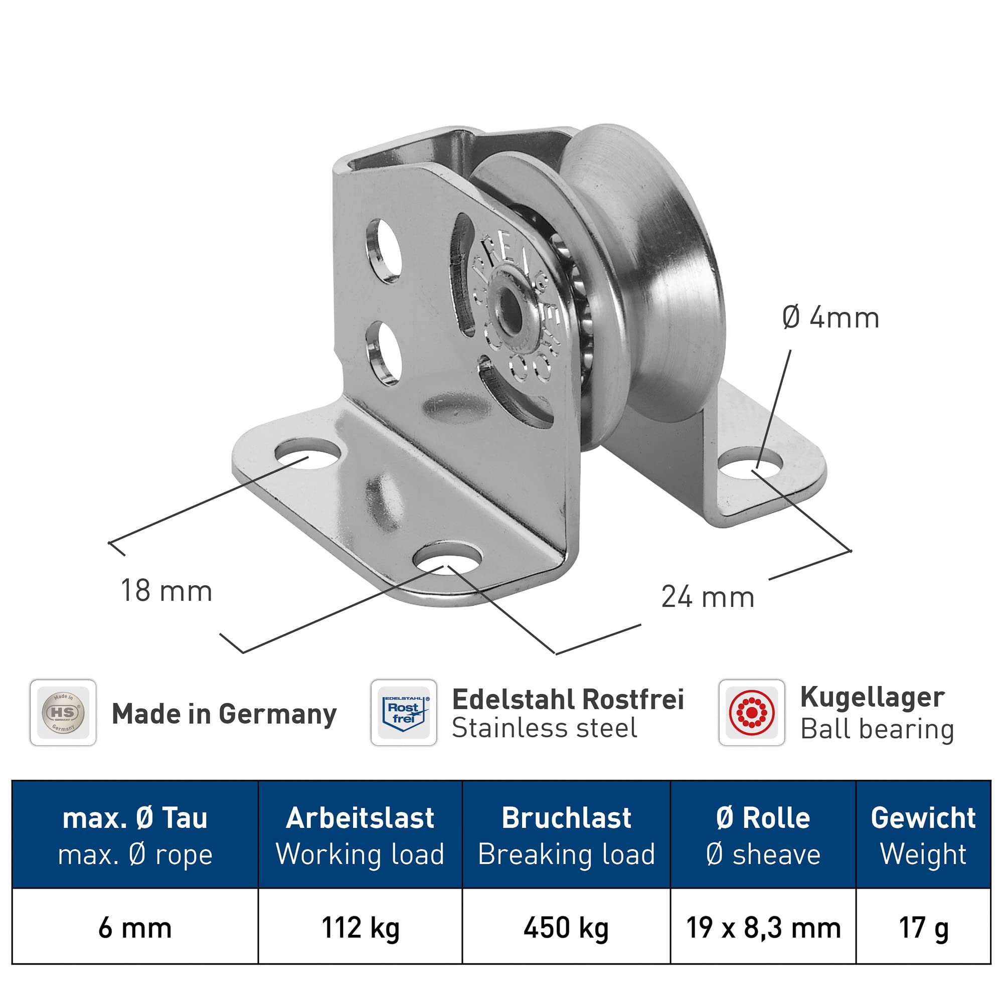 Sprenger Umlenkrolle mit Kugellager Micro XS I Wälzlager aus Edelstahl für 4mm Drahtseil I Seilrolle mit Befestigungslöcher, Umlenkblock stehend, klein und kompakt