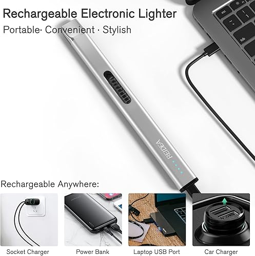 Miniatura 4 de REIDEA Encendedor de vela electrónico plano R1, resistente al viento, sin llama, USB, recargable, con botón seguro e indicador de encendido para